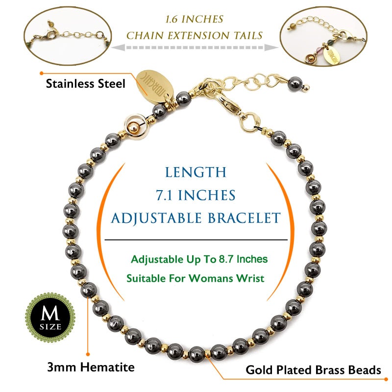 Morchic Hematite Gemstone Adjustable Bracelet for Women, 3mm Tiny Beads Energy Gem Charm Jewelry, Birthday Gift 7.1" - Image 2